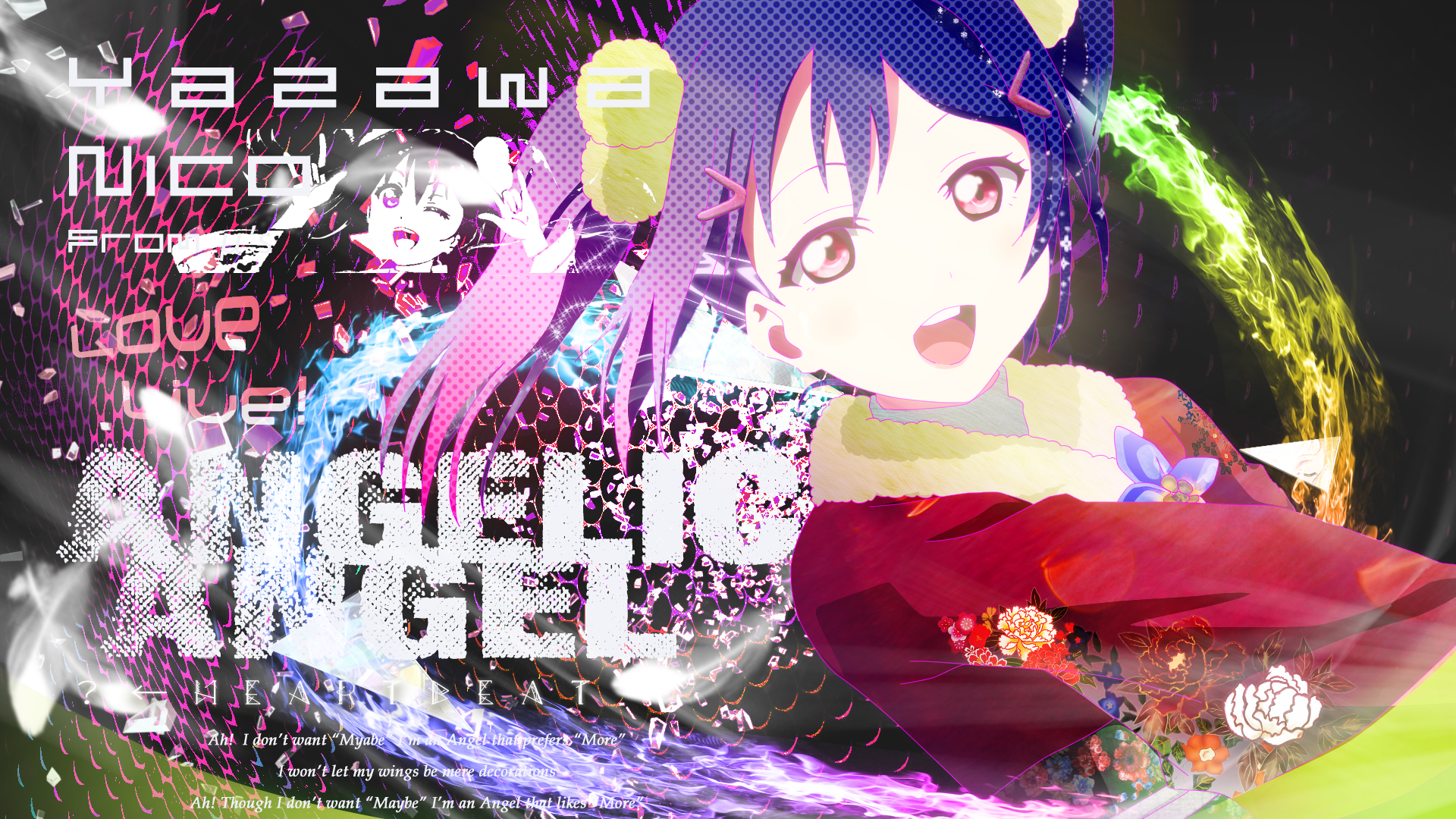 HD PC desktop wallpaper and background: Nico Yazawa from Love Live! anime, smiling in a colorful kimono with neon swirls, bold text overlays and sparkles on a vibrant digital scene.