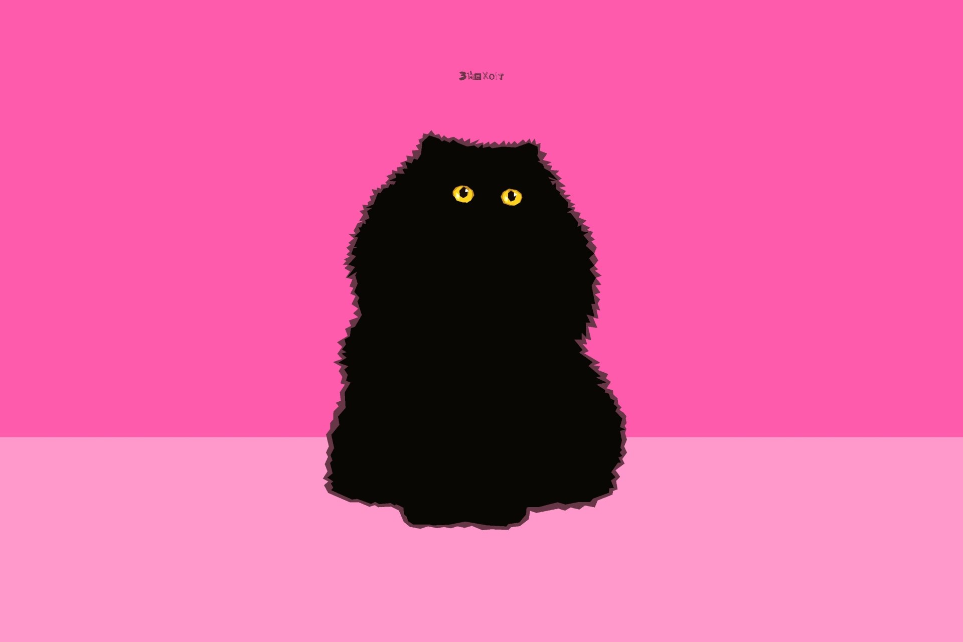 Minimalist 2K Quad HD PC desktop wallpaper showing a fluffy black Persian cat silhouette with bright yellow eyes centered on a two-tone pink background.