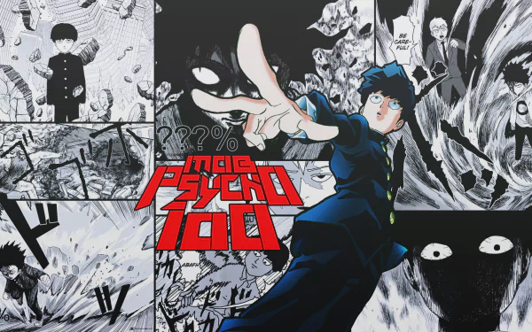 HD desktop wallpaper featuring Shigeo Kageyama from the anime Mob Psycho 100, showcasing dynamic scenes and intense action with bold graphics and vibrant colors.