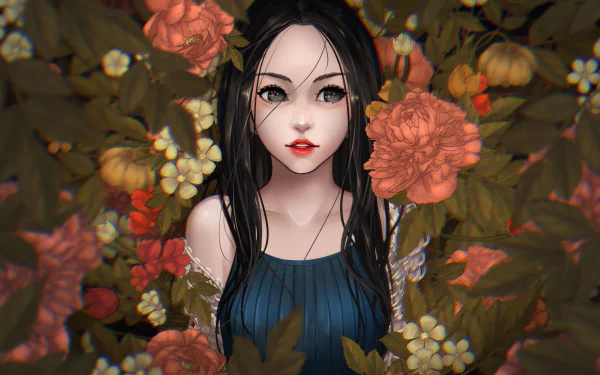 flower black eyes black hair Anime Original HD Desktop Wallpaper | Background Image