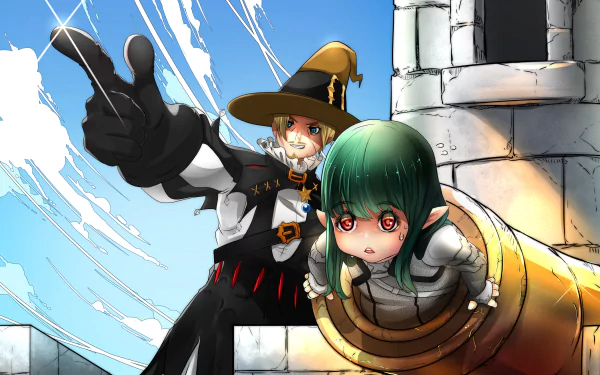 2K Quad HD PC wallpaper — Original Sky Anime: elf peeks from a brass cannon while a witchlike companion gestures from a sunlit tower under a bright sky.