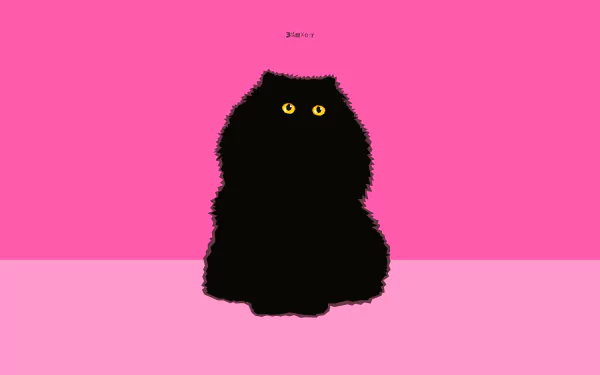 Minimalist 2K Quad HD PC desktop wallpaper showing a fluffy black Persian cat silhouette with bright yellow eyes centered on a two-tone pink background.