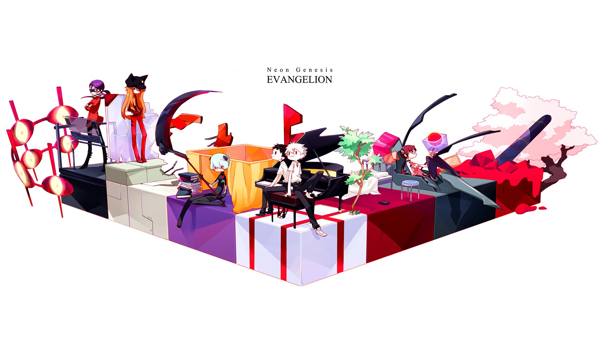 HD desktop wallpaper of Neon Genesis Evangelion characters—Kaworu Nagisa, Misato Katsuragi, Asuka Langley Sohryu and Rei Ayanami—stylized scene from Evangelion: 3.0 You Can (Not) Redo.