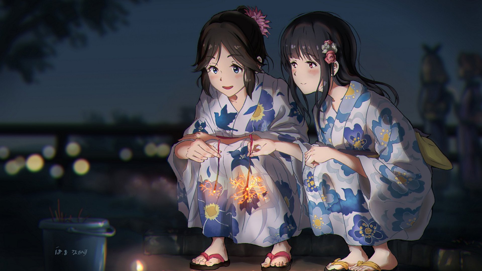 HD PC wallpaper of Nozomi Kasaki and Mizore Yoroizuka (Sound! Euphonium) in floral yukata, crouched by the waterside at night sharing sparklers.