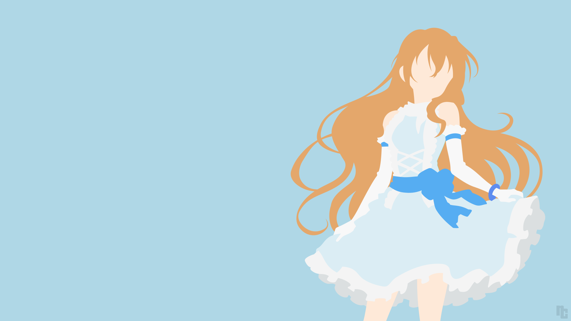 HD PC desktop wallpaper featuring Kaga Kouko from the anime Golden Time, depicted with flowing hair and a white dress against a light blue background.