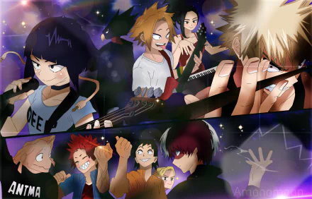 HD PC desktop wallpaper featuring Kyōka Jirō, Momo Yaoyozoru, Fumikage Tokoyami, Koji Koda, Eijiro Kirishima, Hanta Sero, Yuga Aoyama, Shoto Todoroki, Katsuki Bakugou, and Denki Kaminari from My Hero Academia.