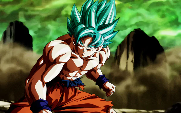 Goku in Super Saiyan Blue form from Dragon Ball Super, rendered in vibrant colors as an 8K Ultra HD anime desktop wallpaper with a dramatic mountainous background.