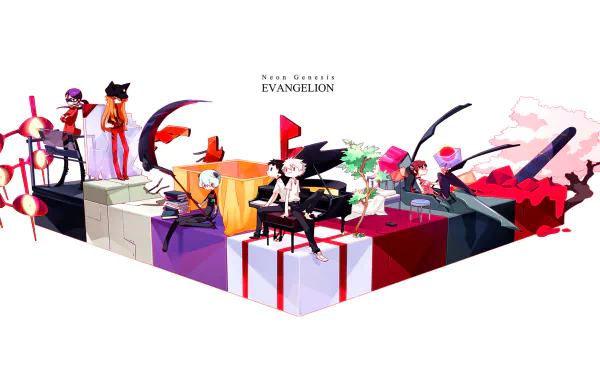 HD desktop wallpaper of Neon Genesis Evangelion characters—Kaworu Nagisa, Misato Katsuragi, Asuka Langley Sohryu and Rei Ayanami—stylized scene from Evangelion: 3.0 You Can (Not) Redo.