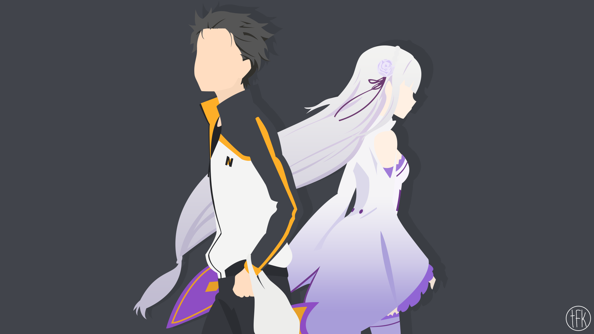 HD PC desktop wallpaper featuring minimalist art of Emilia and Subaru Natsuki from the anime Re:Zero - Starting Life in Another World.