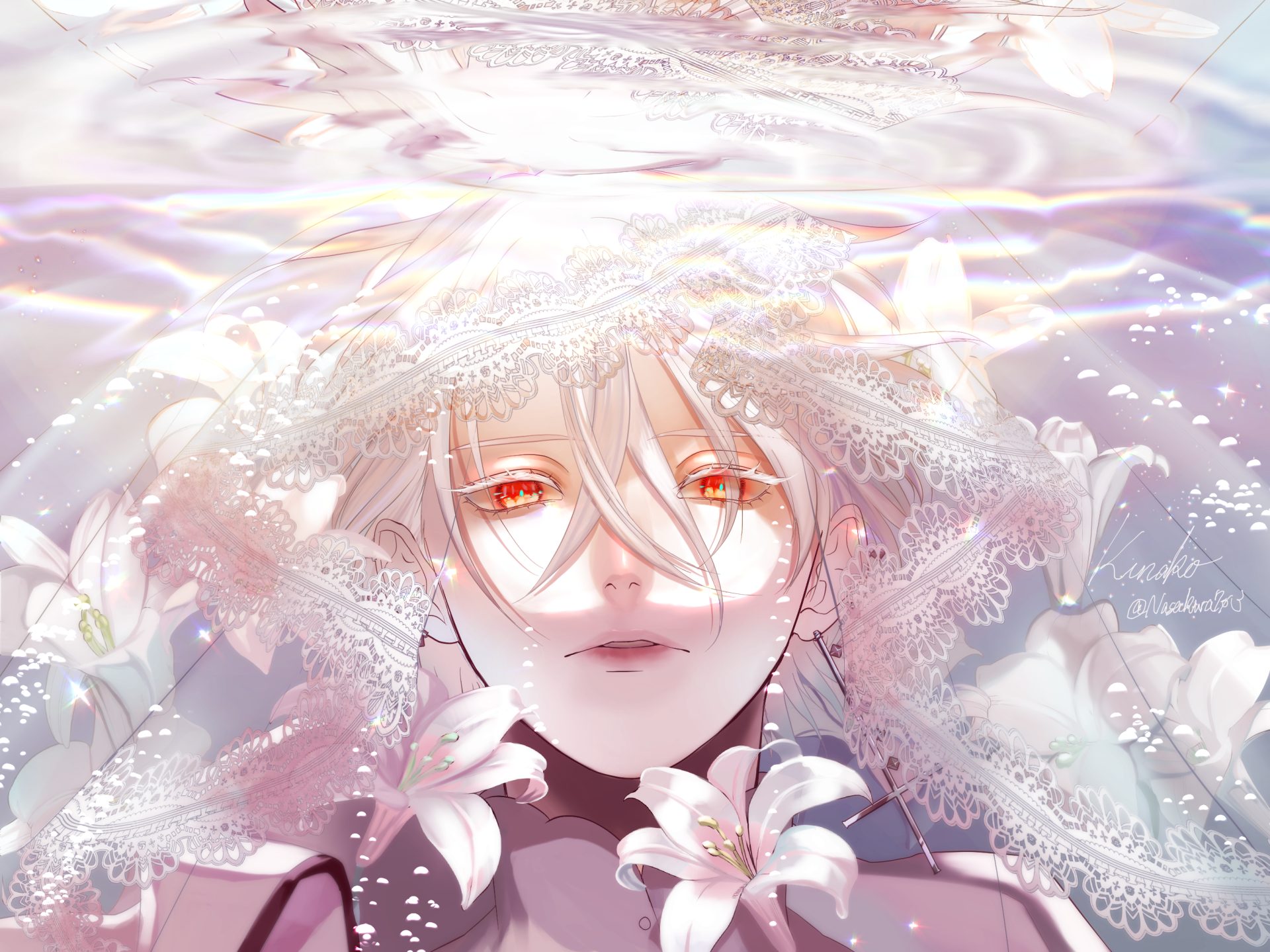 Anime character with short white hair, orange eyes, and earrings, surrounded by flowers and a veil, depicted in an ethereal setting. HD desktop wallpaper with delicate, intricate details.