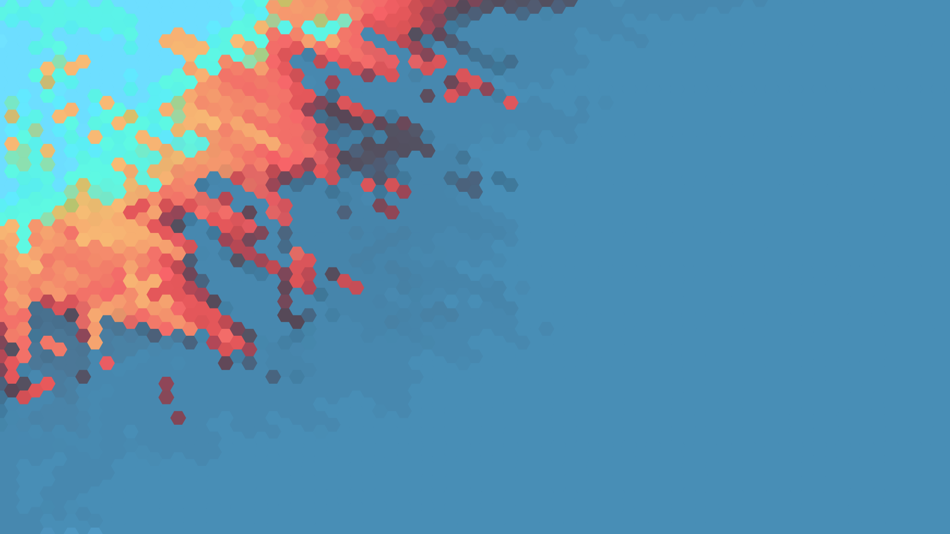 Abstract hexagon mosaic of orange and red pixels dissolving into a cyan-blue field — 8K Ultra HD PC desktop wallpaper and background.