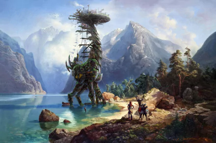HD PC wallpaper featuring Aloy from the Horizon Zero Dawn video game, standing by a lake with towering robotic creatures and scenic mountainous landscape in the background.
