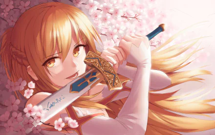 Asuna Yuuki from Sword Art Online holds the Excalibur sword amidst falling cherry blossoms in this vibrant 4K Ultra HD anime desktop wallpaper.