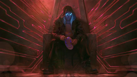 A cyberpunk figure with a glowing blue visor sits on a throne in a dark, neon-lit environment, embodying the essence of sci-fi aesthetics in this HD desktop wallpaper.
