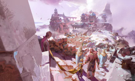 HD PC desktop wallpaper and background: fantasy city on snowy cliffs — terraced temples, bridges and market streets seen from a high ledge where cloaked figures overlook the bustling scene.