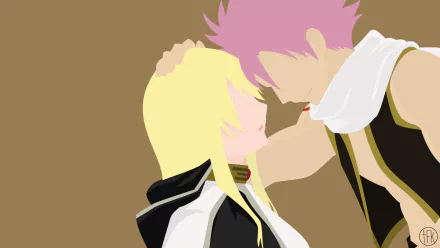 HD PC desktop wallpaper: stylized Fairy Tail anime close-up of Lucy Heartfilia and Natsu Dragneel sharing an intimate forehead touch.