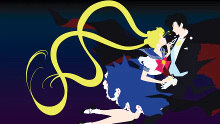 HD PC desktop wallpaper featuring anime characters Usagi Tsukino and Tuxedo Mask from Sailor Moon in a dynamic, stylized embrace against a dark background.