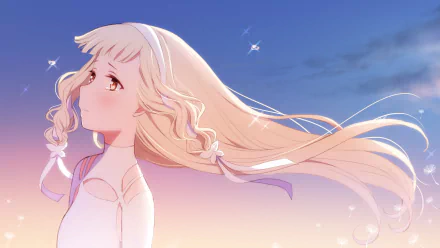 HD PC desktop wallpaper featuring Maquia, the anime character from Maquia: When the Promised Flower Blooms, with flowing hair against a twilight sky.