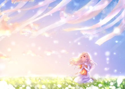 HD PC desktop wallpaper featuring Maquia from the anime Maquia: When the Promised Flower Blooms, set against a soft pastel sky and glowing field.
