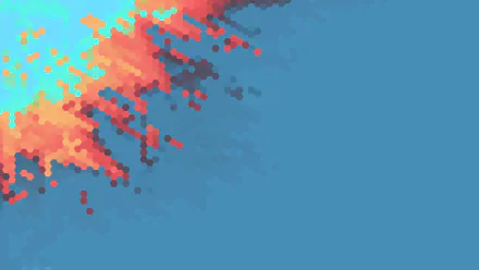 Abstract hexagon mosaic of orange and red pixels dissolving into a cyan-blue field — 8K Ultra HD PC desktop wallpaper and background.