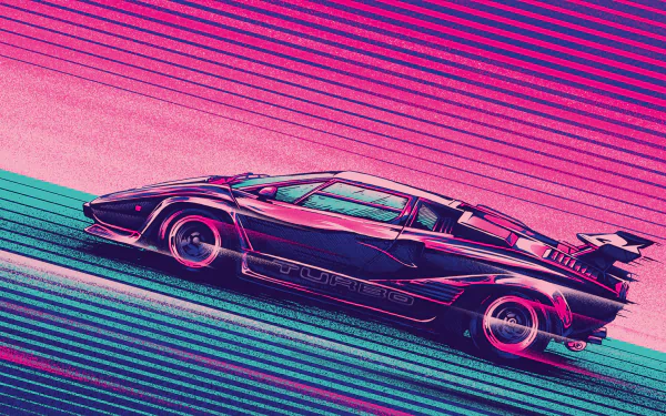HD desktop wallpaper featuring a vibrant, stylized Lamborghini Countach with dynamic retro gradients and stripes in pink and teal shades.