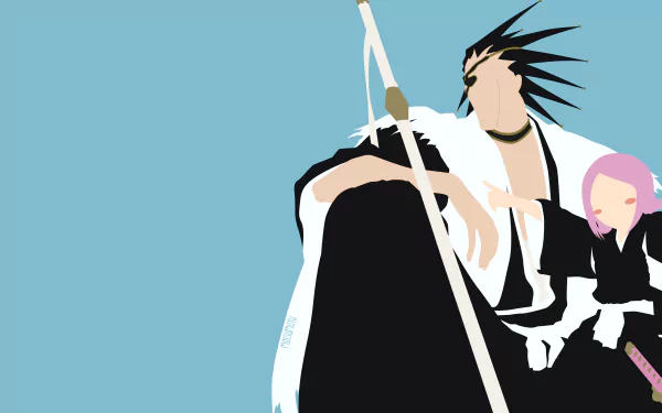 5K Ultra HD PC desktop wallpaper of Bleach anime's Kenpachi Zaraki and small Yachiru Kusajishi in shihakusho, stylized silhouettes against a solid sky-blue background.