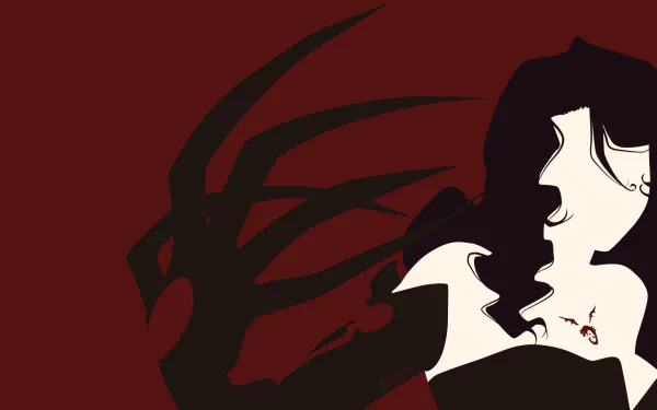 HD PC desktop wallpaper featuring Lust from Fullmetal Alchemist with dark red and black tones, capturing the anime character's mysterious and intense presence.