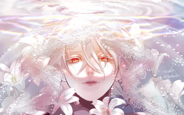 Anime character with short white hair, orange eyes, and earrings, surrounded by flowers and a veil, depicted in an ethereal setting. HD desktop wallpaper with delicate, intricate details.