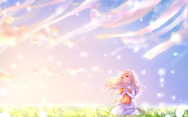HD PC desktop wallpaper featuring Maquia from the anime Maquia: When the Promised Flower Blooms, set against a soft pastel sky and glowing field.