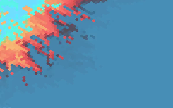 Abstract hexagon mosaic of orange and red pixels dissolving into a cyan-blue field — 8K Ultra HD PC desktop wallpaper and background.