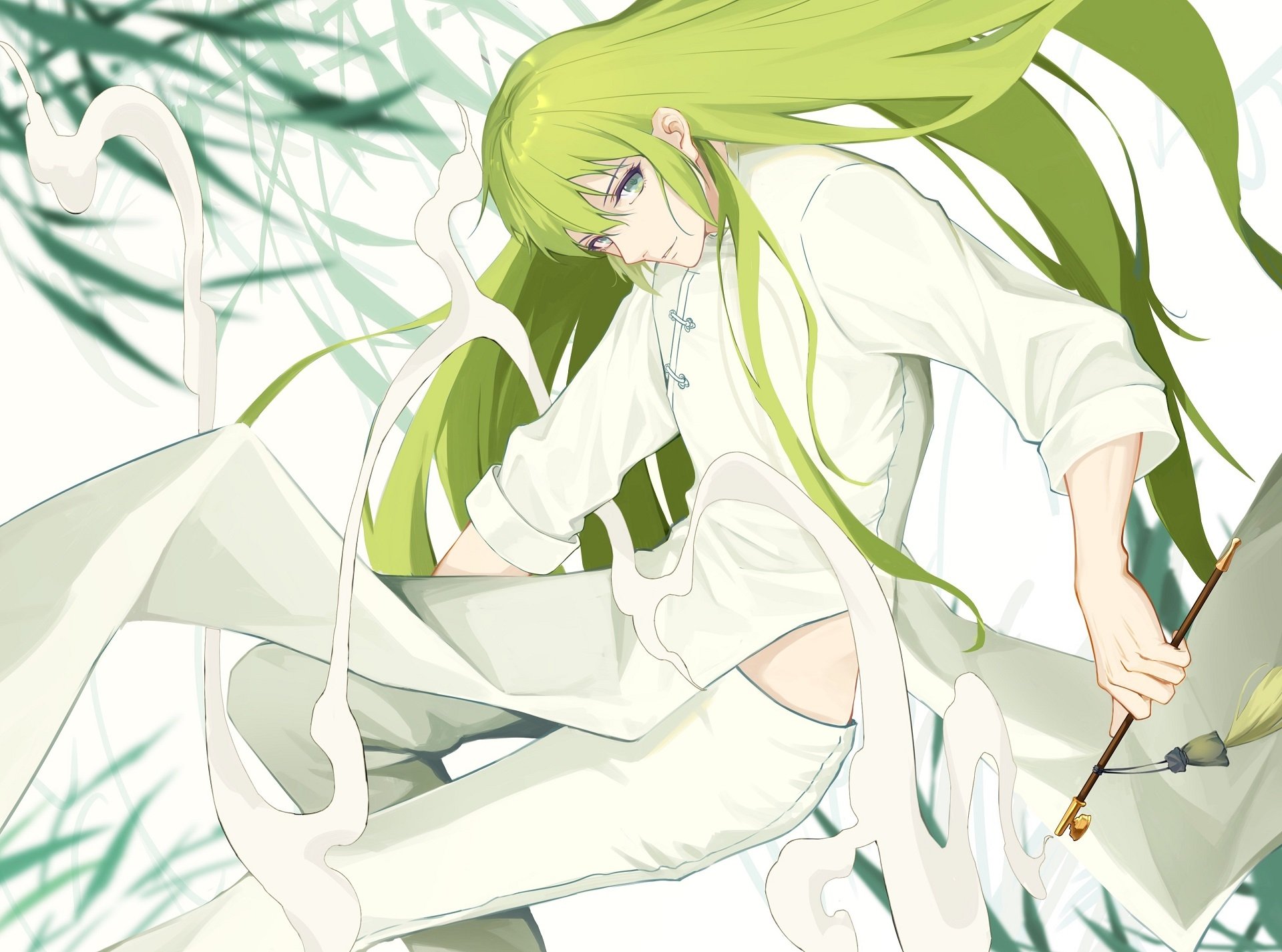 Fate/Grand Order HD wallpaper of Enkidu as False Lancer — anime-style, long green hair, flowing white robes, poised with a spear against stylized green foliage.