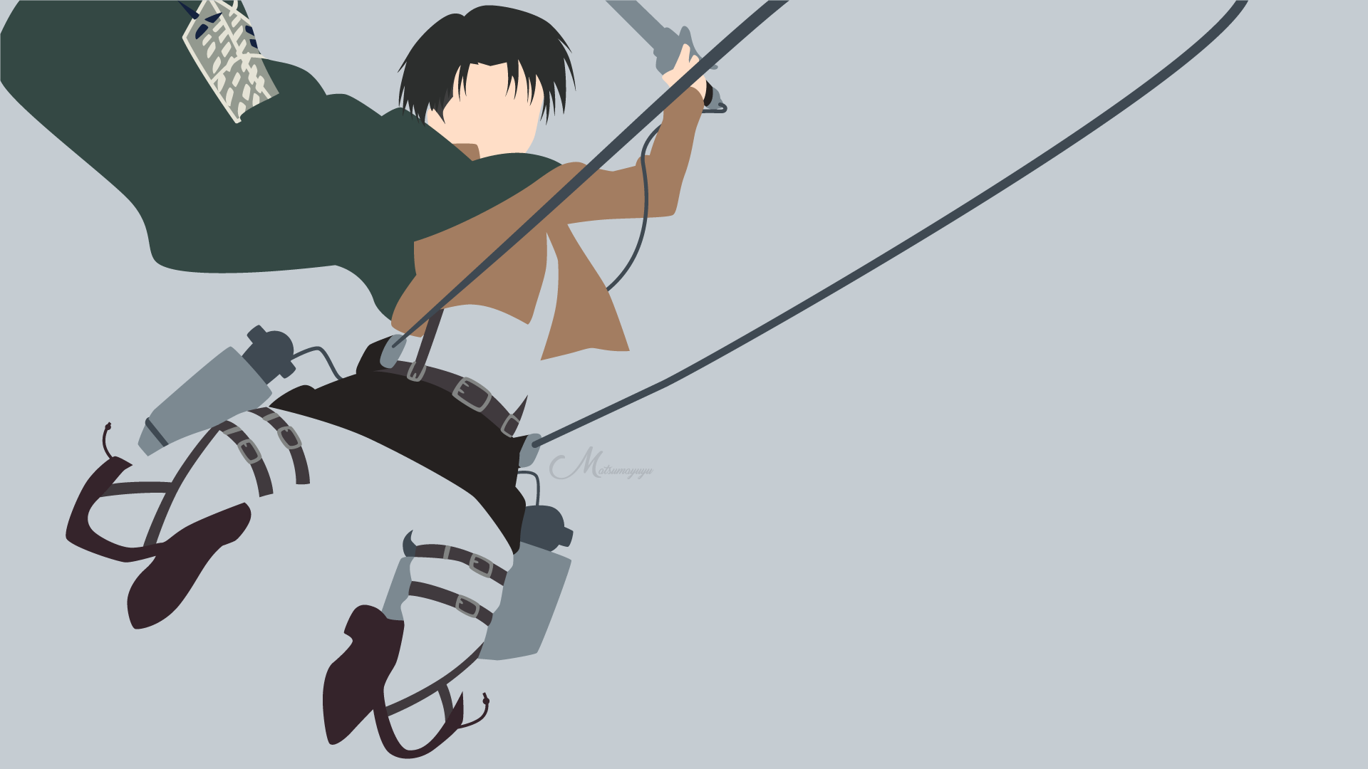 HD PC desktop wallpaper: minimalist anime depiction of Levi Ackerman from Attack on Titan, suspended mid-swing in ODM gear against a pale gray background.