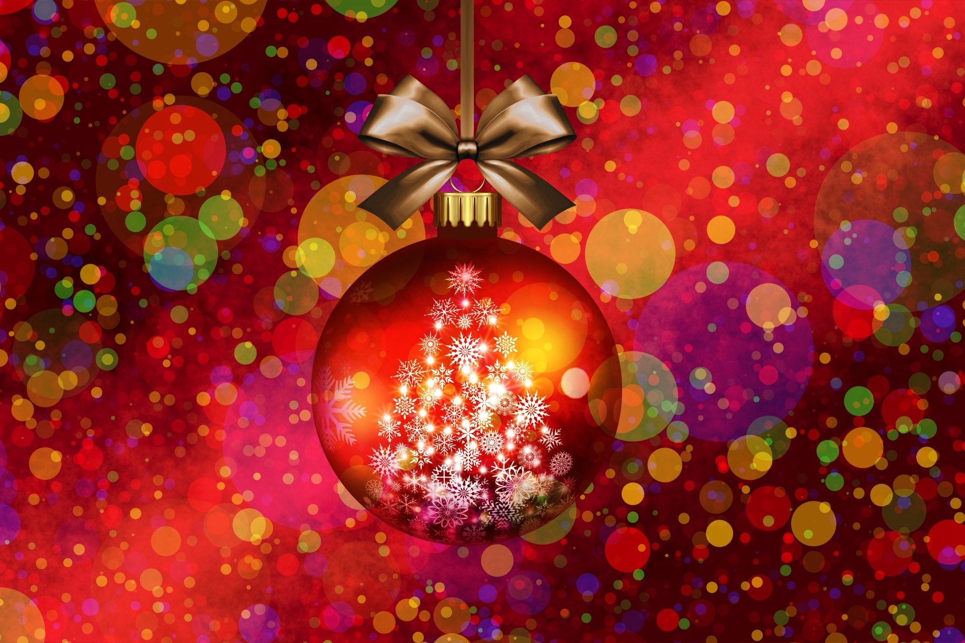 A colorful Christmas bauble with a glowing tree design, hanging against a vibrant, bokeh-filled background in 4K Ultra HD.