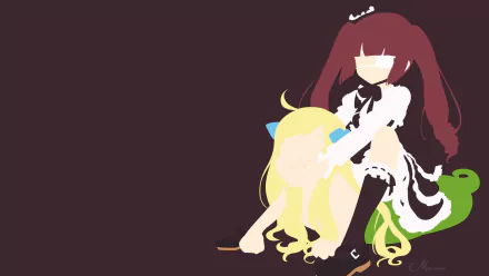 HD PC wallpaper of Jashin-chan and Yurine Hanazono from Jashin-chan Dropkick: flat-color art of blonde Jashin-chan lounging against seated red‑haired Yurine on a dark minimalist background.