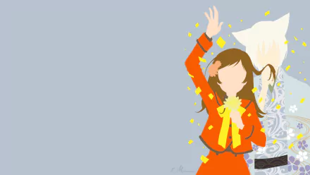 Minimalist HD PC desktop wallpaper showing Nanami Momozono and Tomoe from the anime Kamisama Kiss on the right, Nanami waving with confetti against a pale blue background.