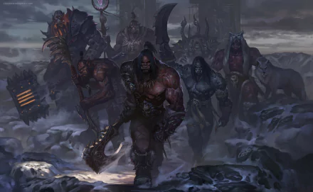 HD World of Warcraft wallpaper featuring iconic orc warriors Kilrogg Deadeye, Grommash Hellscream, Kargath Bladefist, Blackhand, Ner'zhul, Gul'dan, and a white wolf in a dark, foggy scene.
