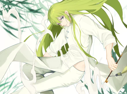 Fate/Grand Order HD wallpaper of Enkidu as False Lancer — anime-style, long green hair, flowing white robes, poised with a spear against stylized green foliage.