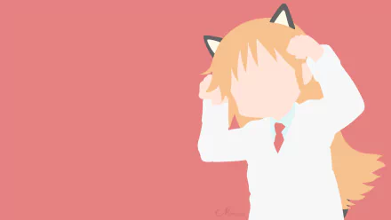 Minimalist HD PC wallpaper of Hakase (Nichijō) from the anime Nichijō: faceless, orange-haired girl in a white lab coat with cat-ear headband on a coral-pink background.