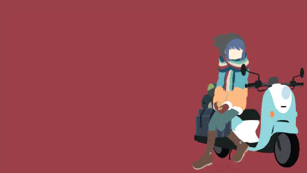 Rin Shima from Laid-Back Camp sits on a scooter with camping gear and a scarf against a flat maroon backdrop — anime HD PC desktop wallpaper/background.