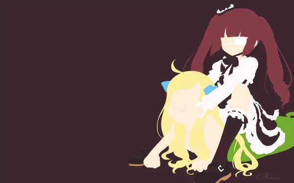 HD PC wallpaper of Jashin-chan and Yurine Hanazono from Jashin-chan Dropkick: flat-color art of blonde Jashin-chan lounging against seated red‑haired Yurine on a dark minimalist background.