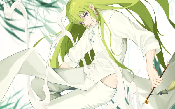Fate/Grand Order HD wallpaper of Enkidu as False Lancer — anime-style, long green hair, flowing white robes, poised with a spear against stylized green foliage.