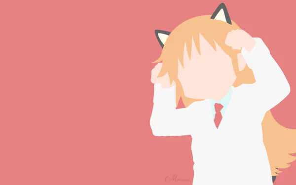 Minimalist HD PC wallpaper of Hakase (Nichijō) from the anime Nichijō: faceless, orange-haired girl in a white lab coat with cat-ear headband on a coral-pink background.
