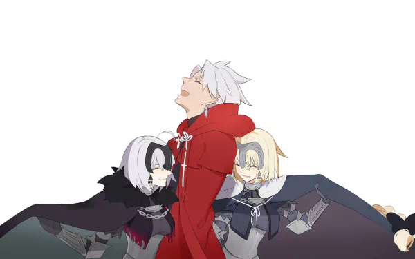 HD anime wallpaper: Shirou Kotomine with white hair and red coat flanked by blonde Jeanne d'Arc (Ruler) and dark-armored Jeanne d'Arc Alter (Avenger), all smiling against a white background.