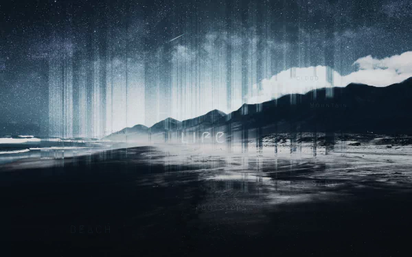 Artistic 4K Ultra HD landscape wallpaper featuring a starry night sky above a mountain and beach coastline with reflective water.