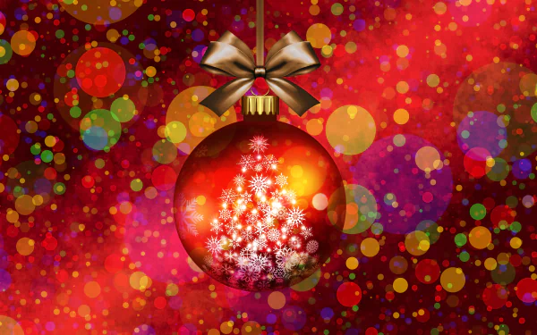 A colorful Christmas bauble with a glowing tree design, hanging against a vibrant, bokeh-filled background in 4K Ultra HD.