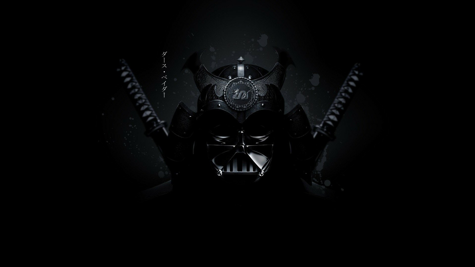 HD PC desktop wallpaper featuring a dark, samurai-inspired Darth Vader helmet with crossed katanas, blending Star Wars and sci-fi elements in a striking design.