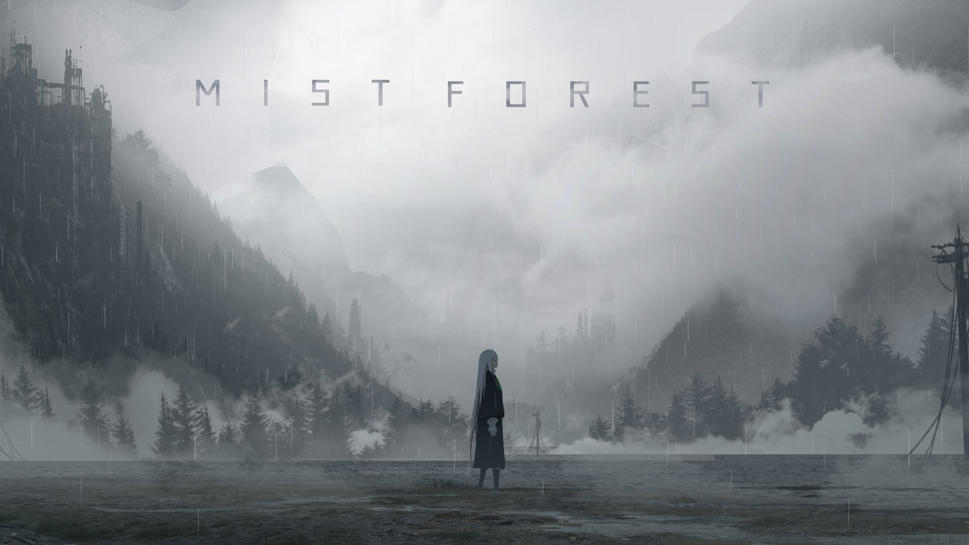 A lone anime girl stands in a misty forest landscape, captured in 4K Ultra HD as a striking PC desktop wallpaper and background.