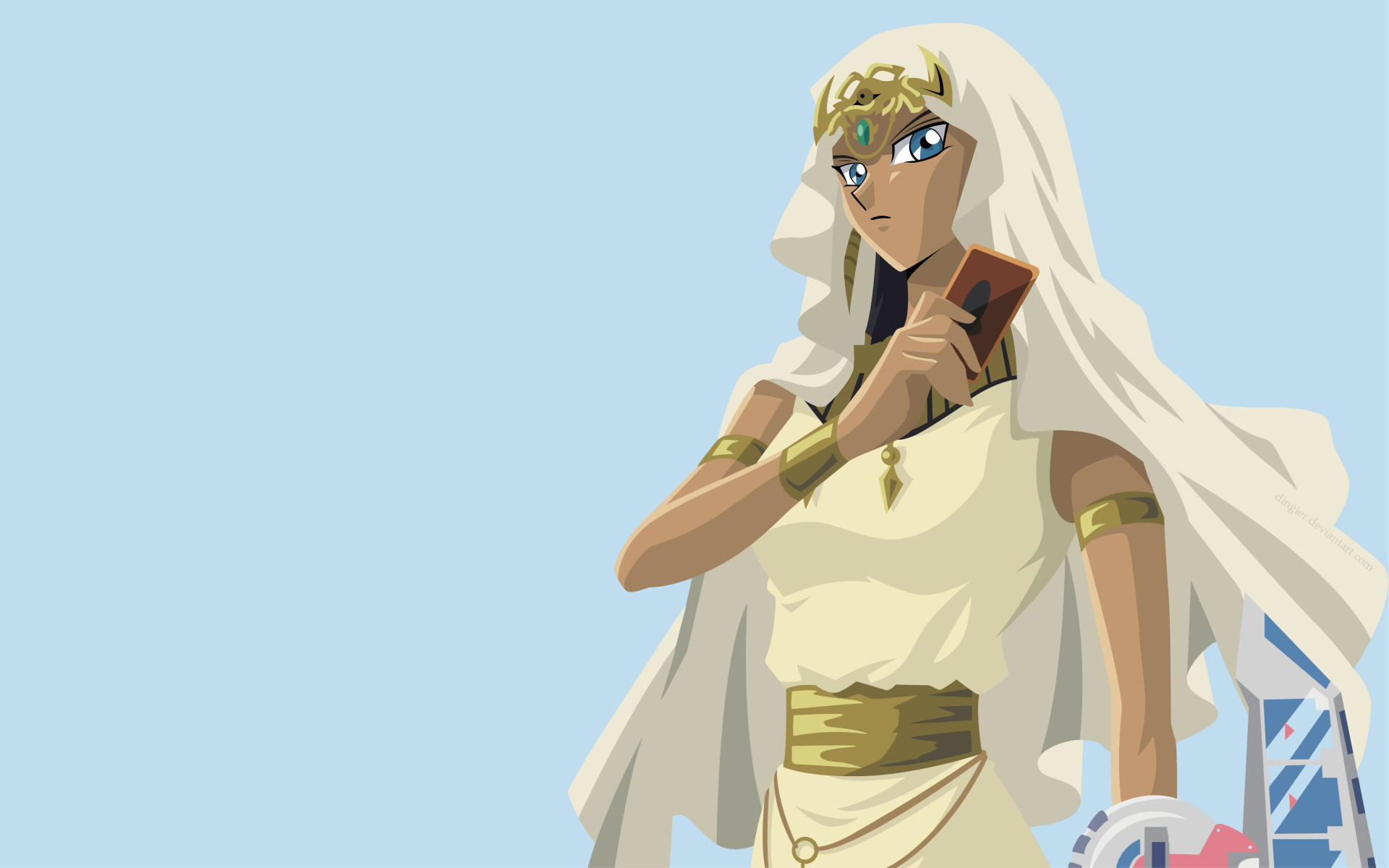 4K Ultra HD anime wallpaper featuring Ishizu Ishtar from Yu-Gi-Oh!, depicted in traditional attire holding a card against a clear blue sky background.