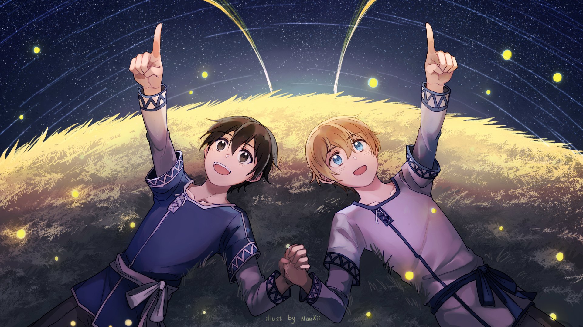 HD desktop wallpaper featuring Kirito (Kazuto Kirigaya) and Eugeo from Sword Art Online: Alicization, lying on the ground under a starry sky, pointing upwards.