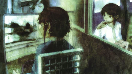 HD PC desktop wallpaper featuring Lain Iwakura from the anime Serial Experiments Lain, with a reflective, moody atmosphere and detailed, artistic style.